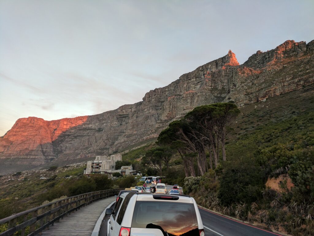 View of the cable car and traffic queue from Table Mountain.