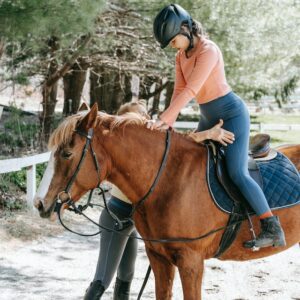 A girl getting a horse ridding lesson