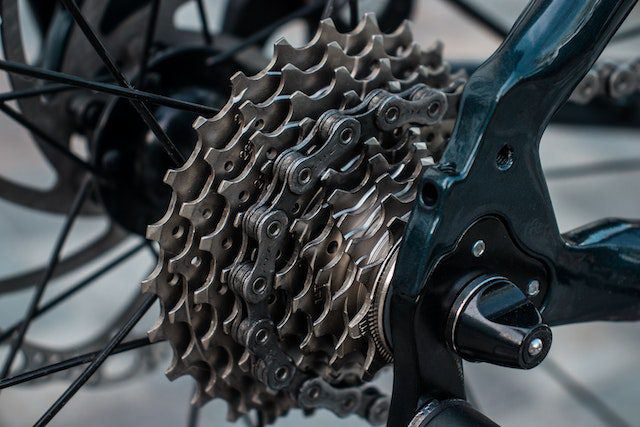 A close up of the Gears of a Road Bike